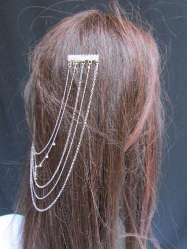 Gold Silver Metal Long Chain Front Back Multi Cross Drapes Rhinestones Hair Pin Accessories
