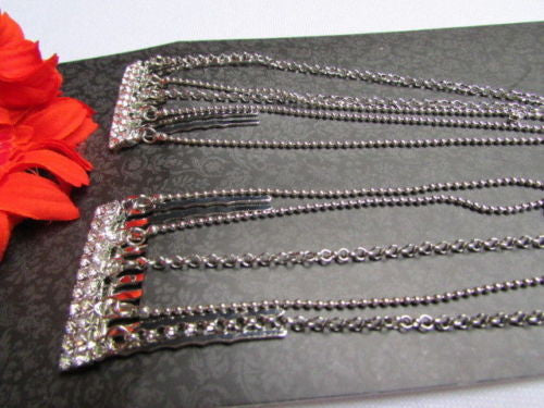 Gold Silver Metal Long Chain Front Back Multi Cross Drapes Rhinestones Hair Pin Accessories