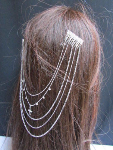 Gold Silver Metal Long Chain Front Back Multi Cross Drapes Rhinestones Hair Pin Accessories