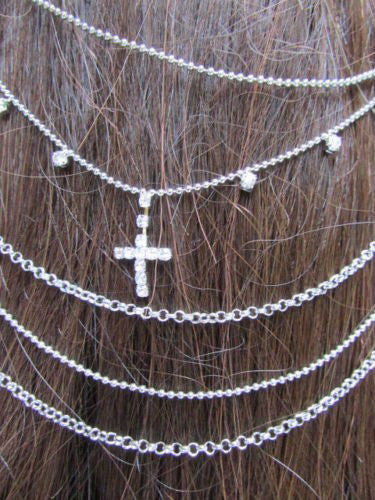 Gold Silver Metal Long Chain Front Back Multi Cross Drapes Rhinestones Hair Pin Accessories