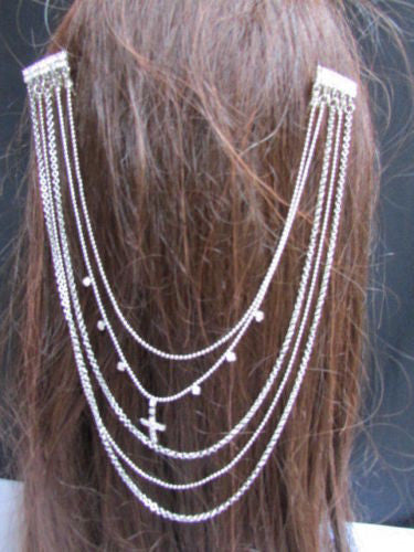 Gold Silver Metal Long Chain Front Back Multi Cross Drapes Rhinestones Hair Pin Accessories