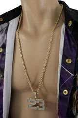 Gold Silver Metal Long Chain Necklace Big Charm Iced Out Pendant Hip Hop 3D Men