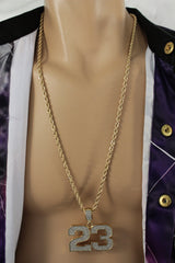 Gold Metal Long Chain Iced Out "23" Pendant Necklace