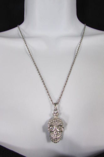 Gold Silver Metal Long Chain Skull Skeleton Head Multi Rhinestones Necklace Women Accessories