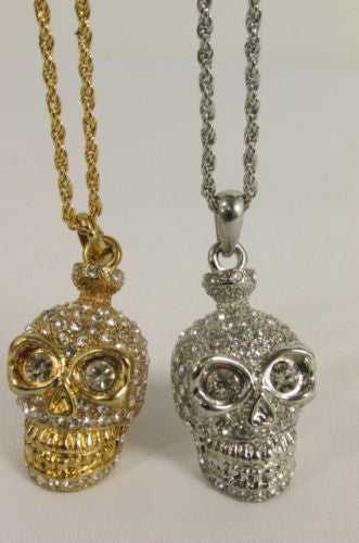 Gold Silver Metal Long Chain Skull Skeleton Head Multi Rhinestones Necklace Women Accessories