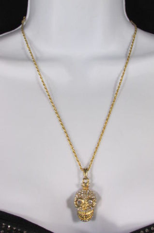 Gold Silver Metal Long Chain Skull Skeleton Head Multi Rhinestones Necklace Women Accessories