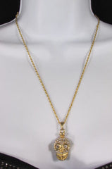 Gold Silver Metal Long Chain Skull Skeleton Head Multi Rhinestones Necklace