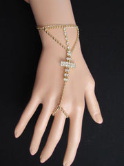 Gold Silver Metal Thin Hand Chain Bracelet Multi Clear Rhinestones Cross Women Elegant