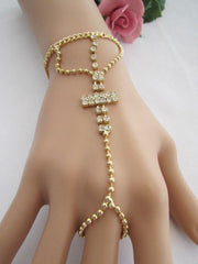 Gold Silver Metal Thin Hand Chain Bracelet Multi Clear Rhinestones Cross Women Elegant