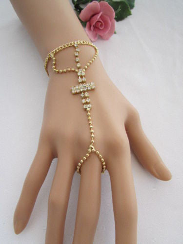 Gold Silver Metal Thin Hand Chain Bracelet Slave Ring Multi Clear Rhinestones Cross New Women Elegant Fashion Accessories
