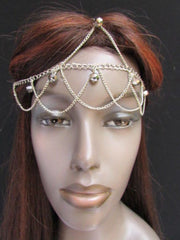 Gold Silver Metal Waves Head Thin Light Chain Multi Clear Beads Hair Piece