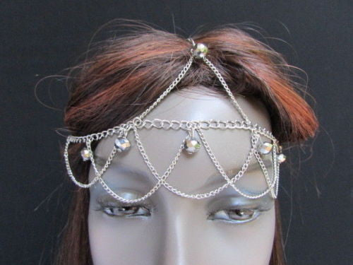 Gold Silver Metal Waves Head Thin Light Chain Multi Clear Beads Hair Piece Women Accessories