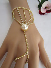 Gold Silver Thin Dressy Hand Chain Bracelet Big Imitation Pearl Bead Net Wrist