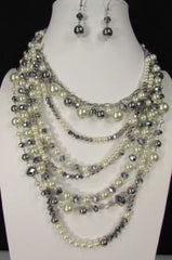 Gray Cream Imitation Pearl Beads 7 Strands Chains 15" Long Necklace