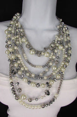 Gray Cream Imitation Pearl Beads 7 Strands Chains 15" Long Necklace