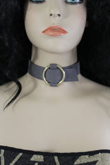Black Brown Gray Green Red Faux Leather Gold Ring Choker Necklace Accessories