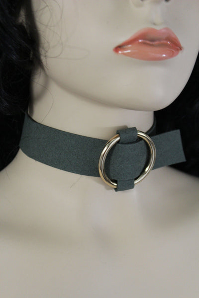 Black Brown Gray Green Red Faux Leather Gold Ring Choker Necklace Women Fashion Accessories