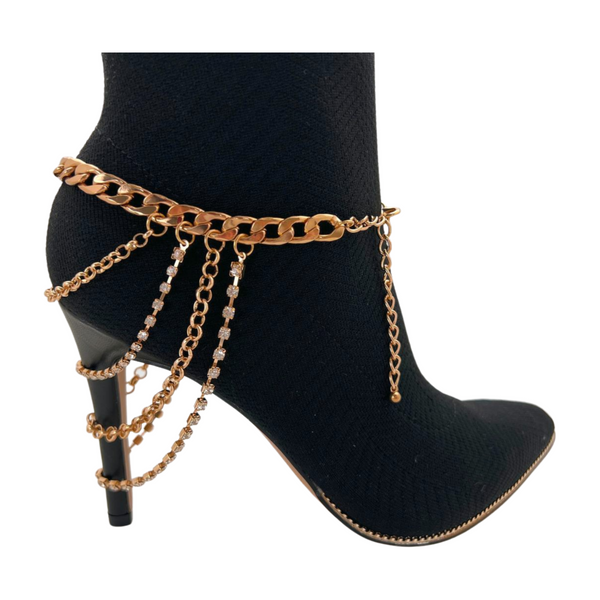 Brand New Women Gold Metal Boot Chain Bracelet Anklet Shoe Multi Strand Back Charm Jewelry One Size