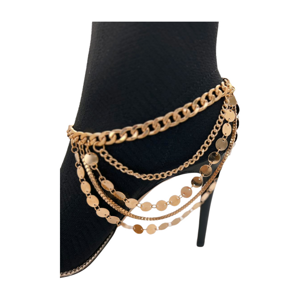 Brand New Women Gold Metal Chain Boot Bracelet Shoe Anklet Circle Multi Strand Waves Shoe Charm
