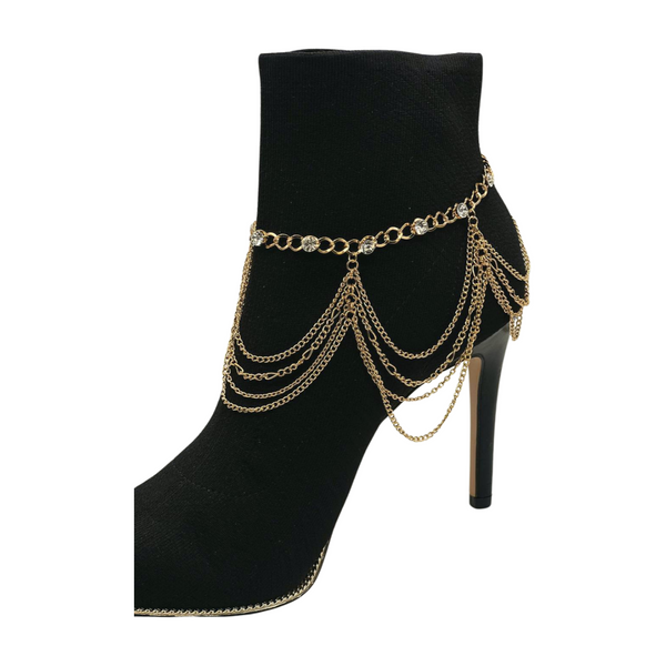 Brand New Women Gold Metal Boot Chain Bracelet Shoe Anklet Bling Wave Charm One Size