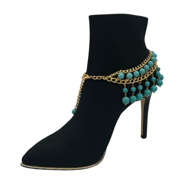 Brand New Women Gold Metal Chain Boot Bracelet Western Shoe Turquoise Blue Charm Anklet
