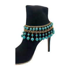 Gold Metal Chain Boot Bracelet Western Shoe Turquoise Blue Charm Anklet