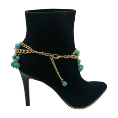 Gold Metal Chain Boot Bracelet Western Shoe Turquoise Blue Charm Anklet