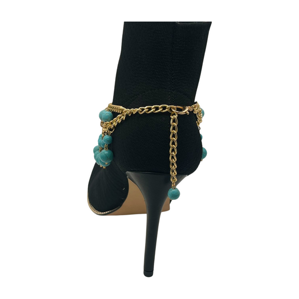 Brand New Women Gold Metal Chain Boot Bracelet Western Shoe Turquoise Blue Charm Anklet