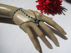 Women Gold Fashion 3 Strands Hand Chains Sky Blue Beads Hand Bracelet Slave Ring - alwaystyle4you - 2