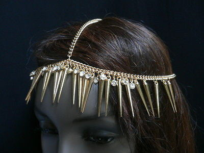 Women Gold Head Chain Spikes Fashion Jewelry Rhinestones Circlet Headband - alwaystyle4you - 1