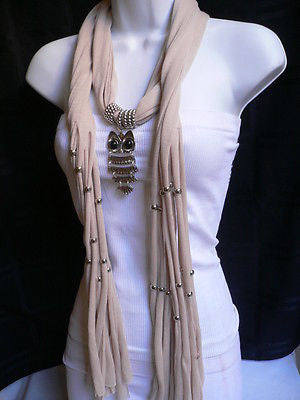 New Women Long Beige / Pnk Soft Scarf Fashion Necklace Silver Owl Pendant Rhinestones - alwaystyle4you - 9