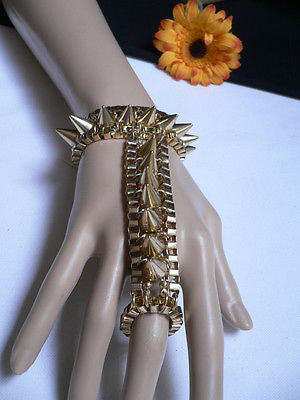 New Women Gold Meatl Hand Links Chain Spikes Slave Bracelet Wrist Ring Connected - alwaystyle4you - 3