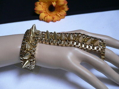 New Women Gold Meatl Hand Links Chain Spikes Slave Bracelet Wrist Ring Connected - alwaystyle4you - 1