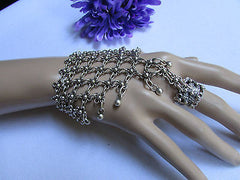 New Women Silver Flower Metal Chains Slave Bracelet Turkish Cuff Ring Hand Made - alwaystyle4you - 2