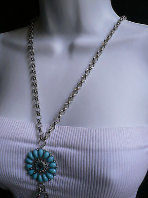 Silver Metal Chains Blue Turquize Flower Beads Metal Body Chain Hot New Women Necklace Jewelry