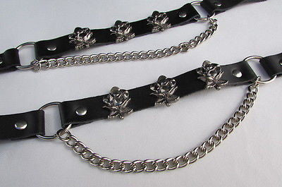 Silver Boot Chain Bracelet Pair Black Leather Straps Rose Flowers New Western Women Men - alwaystyle4you - 3