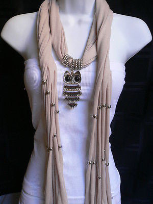 Women Long Beige / Pnk Soft Scarf Fashion Necklace Silver Owl Pendant Rhinestones - alwaystyle4you - 1