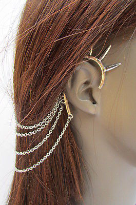 Brand Trendy Fashion Women Silver Chain Spikes Cuff Earring To Hair Pin Headband Claw - alwaystyle4you - 9