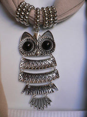 New Women Long Beige / Pnk Soft Scarf Fashion Necklace Silver Owl Pendant Rhinestones - alwaystyle4you - 3