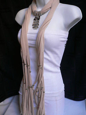 New Women Long Beige / Pnk Soft Scarf Fashion Necklace Silver Owl Pendant Rhinestones - alwaystyle4you - 7