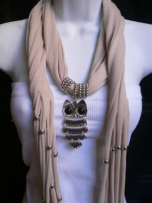 New Women Long Beige / Pnk Soft Scarf Fashion Necklace Silver Owl Pendant Rhinestones - alwaystyle4you - 5