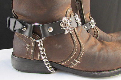 Silver Boot Chain Bracelet Pair Black Leather Straps Rose Flowers New Western Women Men - alwaystyle4you - 7