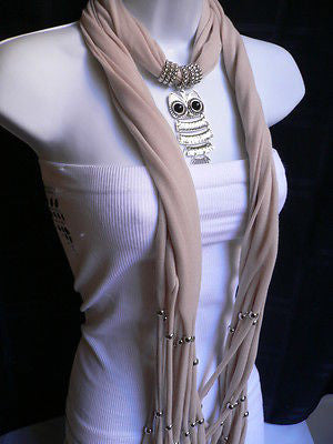 New Women Long Beige / Pnk Soft Scarf Fashion Necklace Silver Owl Pendant Rhinestones - alwaystyle4you - 6