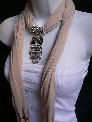 New Women Long Beige / Pnk Soft Scarf Fashion Necklace Silver Owl Pendant Rhinestones - alwaystyle4you - 11