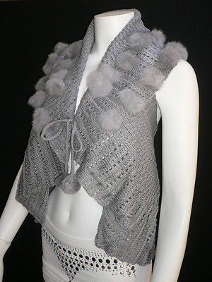 New Women Gray Trendy Knit Shawl Warm Sexy Top Faux Fun Ball Fashion Sweater Size L - alwaystyle4you - 12