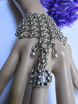 Women Silver Flower Metal Chains Slave Bracelet Turkish Cuff Ring Hand Made - alwaystyle4you - 1
