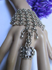 Women Silver Flower Metal Chains Slave Bracelet Turkish Cuff Ring Hand Made - alwaystyle4you - 1