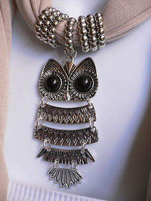 New Women Long Beige / Pnk Soft Scarf Fashion Necklace Silver Owl Pendant Rhinestones - alwaystyle4you - 10