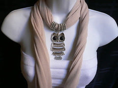 New Women Long Beige / Pnk Soft Scarf Fashion Necklace Silver Owl Pendant Rhinestones - alwaystyle4you - 2