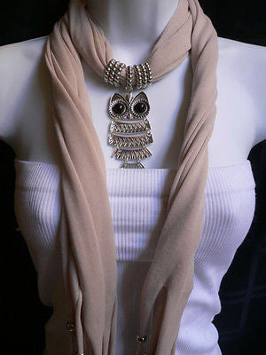 New Women Long Beige / Pnk Soft Scarf Fashion Necklace Silver Owl Pendant Rhinestones - alwaystyle4you - 4